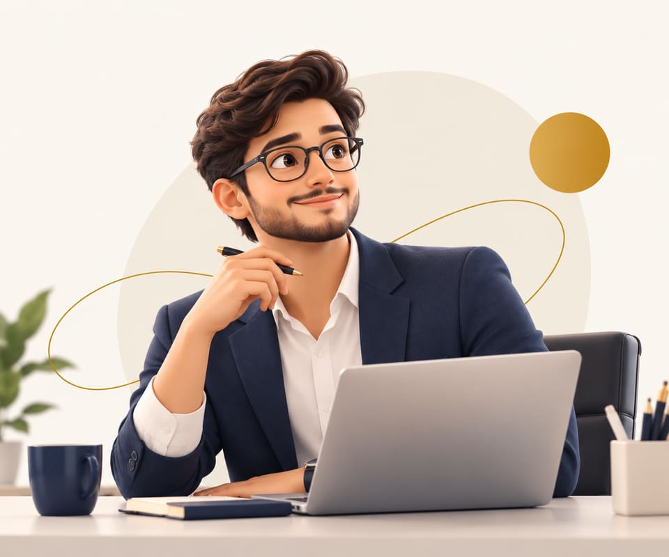 Illustration of a young professional in a blazer at his desk, pen in hand, thinking beside his laptop