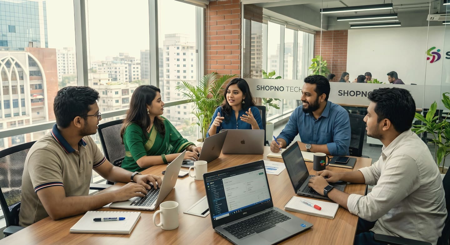 A team leader speaking with colleagues around a table