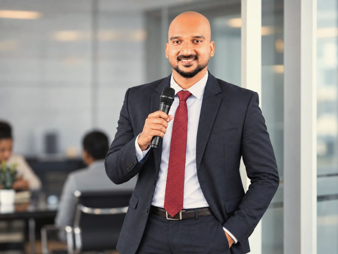 A smiling speaker in a suit holding a microphone